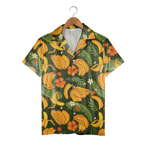 Tropical Banana Hawaiian Shirt with Plumeria on Forest Green