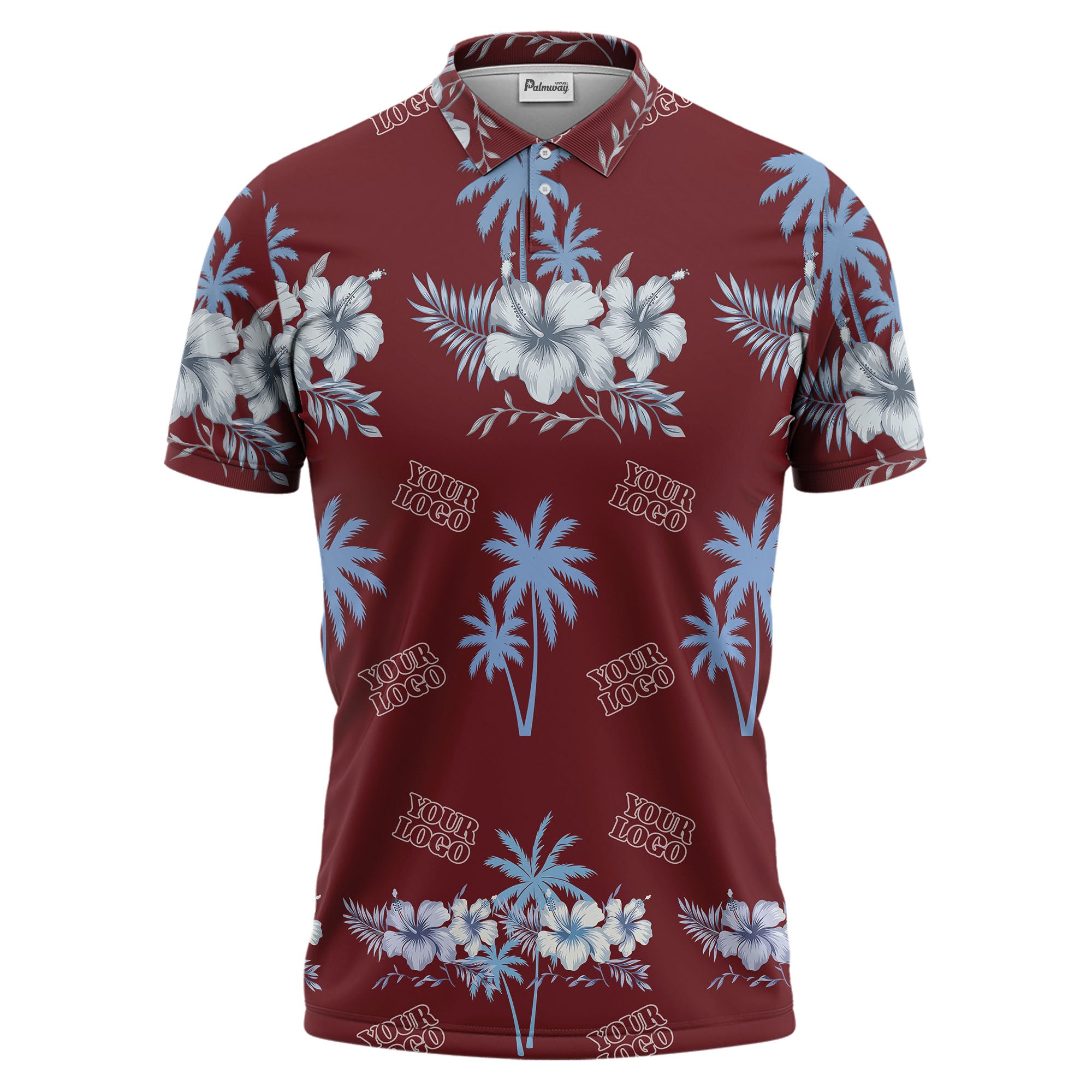 tropical hibiscus palm frond custom multi color illustrated vacation golf polo shirt for men