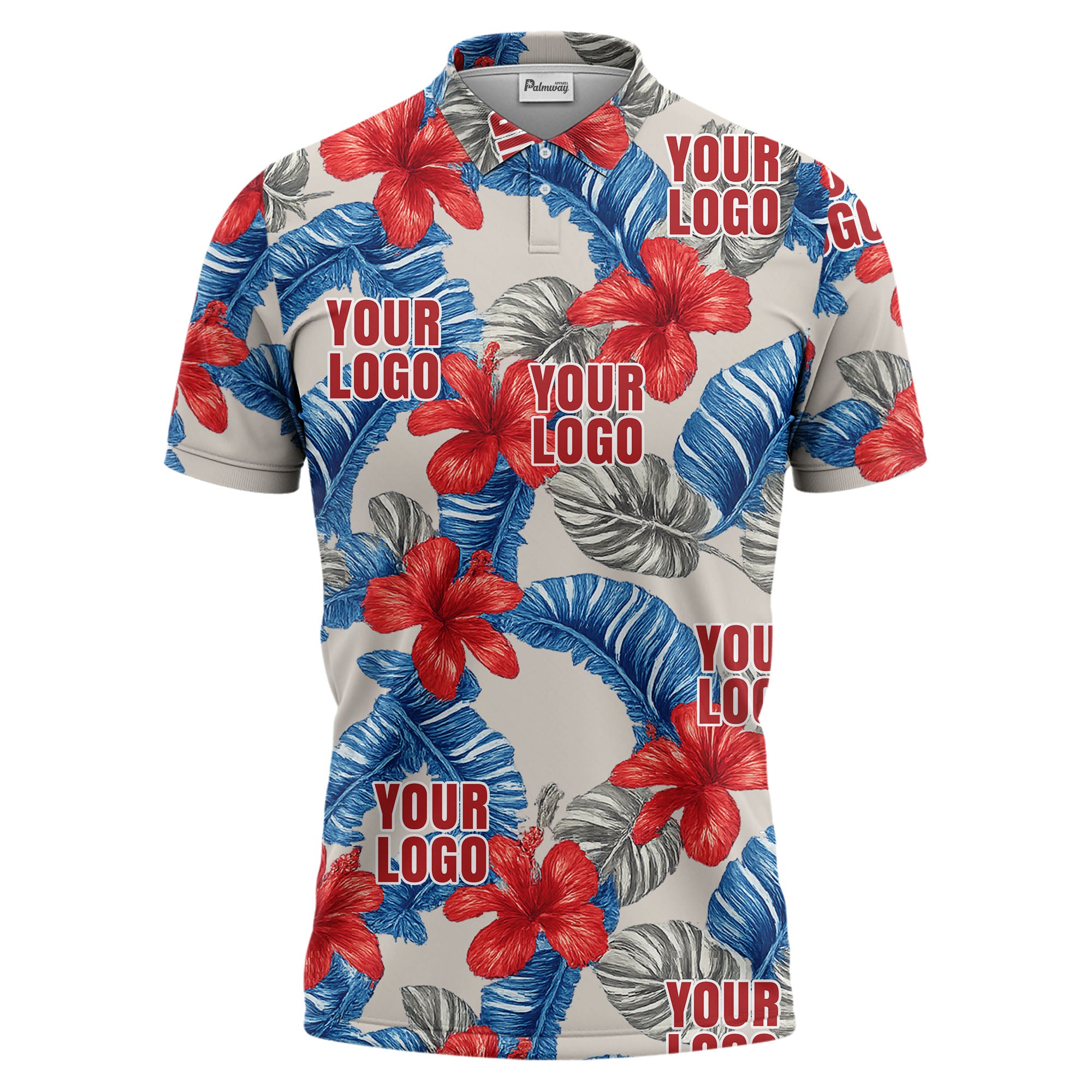 tropical hibiscus palm leaf floral men’s custom printed golf polo shirt