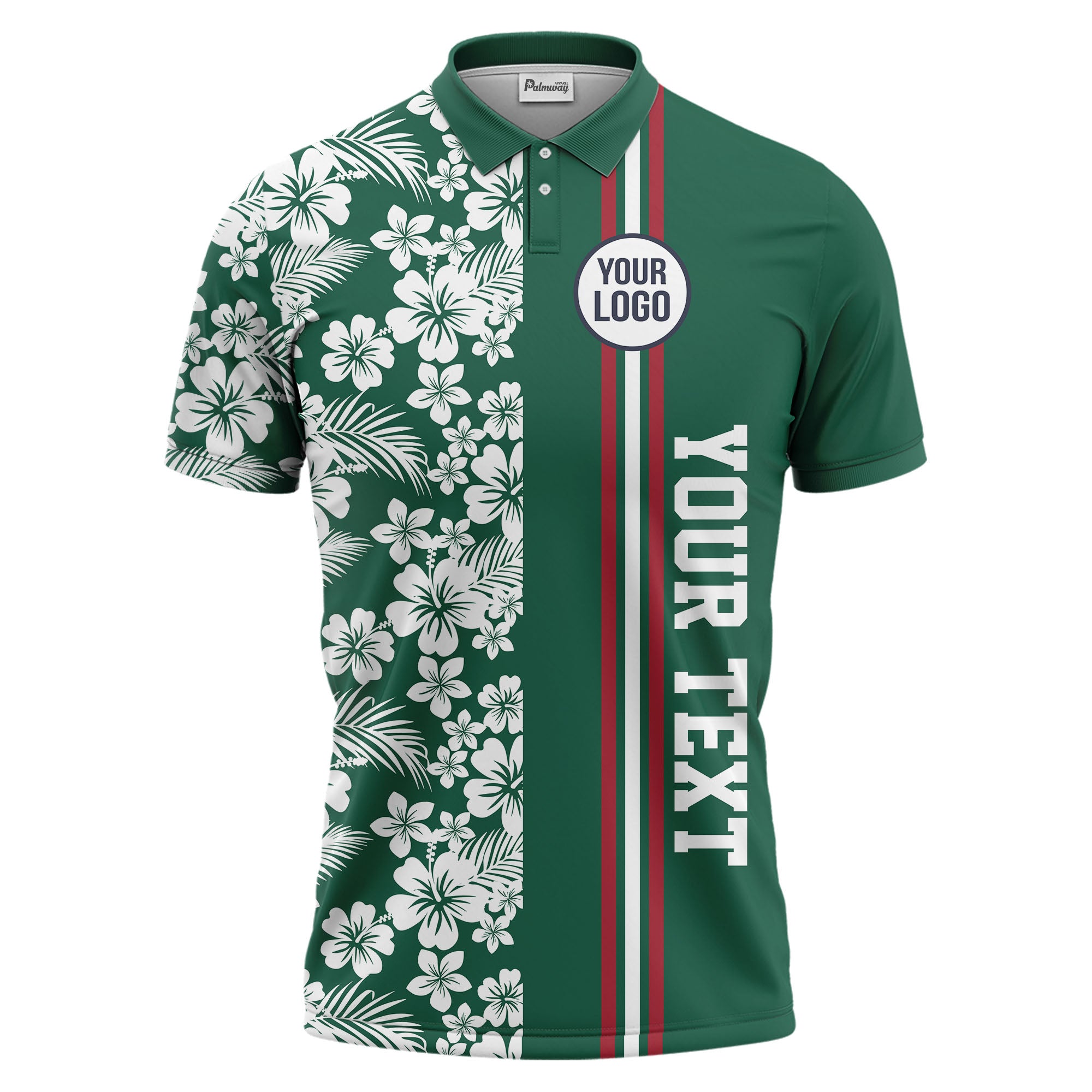 tropical hibiscus palm leaves custom multi color striped golf polo shirt for men