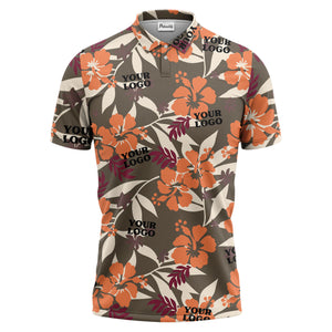 tropical illustrated floral paradise polo shirt bursting with hibiscus and palm leaves