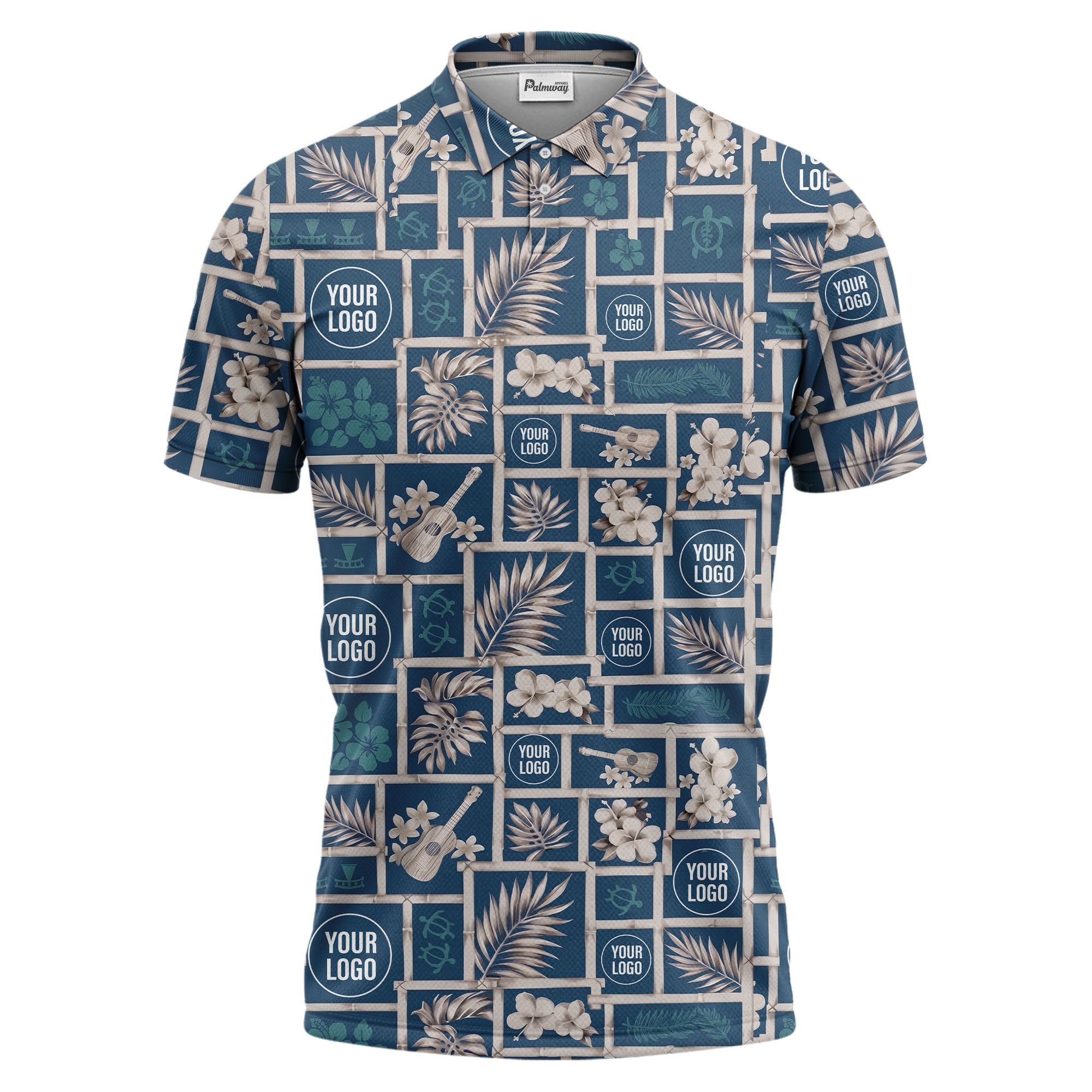 Tropical Voyage Blue Floral Turtles Ukuleles Anchors Polo Shirt For Beach Vacation
