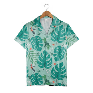 Turquoise Hawaiian Shirt with Monstera Vines and Coral Five-Petal Flowers