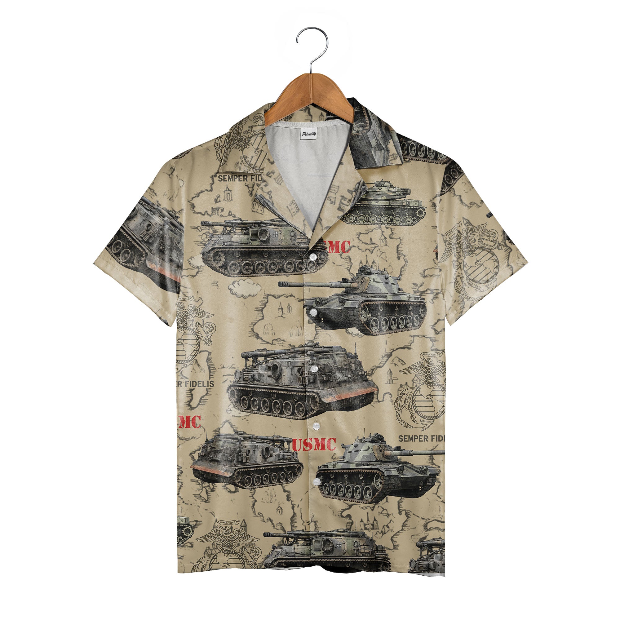 USMC Tank Hawaiian Shirt - Marines Vintage Map Military Vehicles & Eagle Print