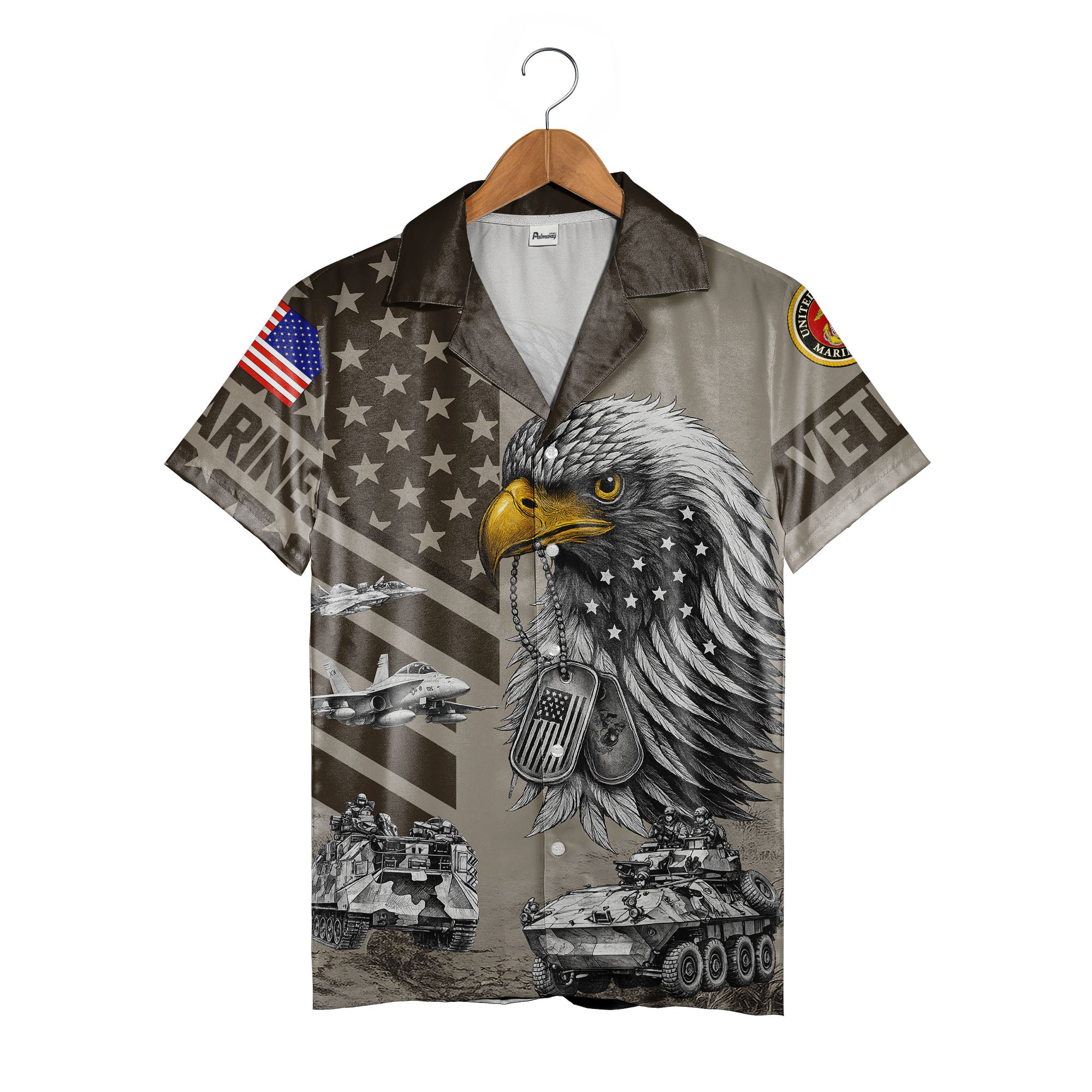 USMC Veteran Hawaiian Shirt - Eagle Dog Tags Fighter Jets Armored Vehicle Print