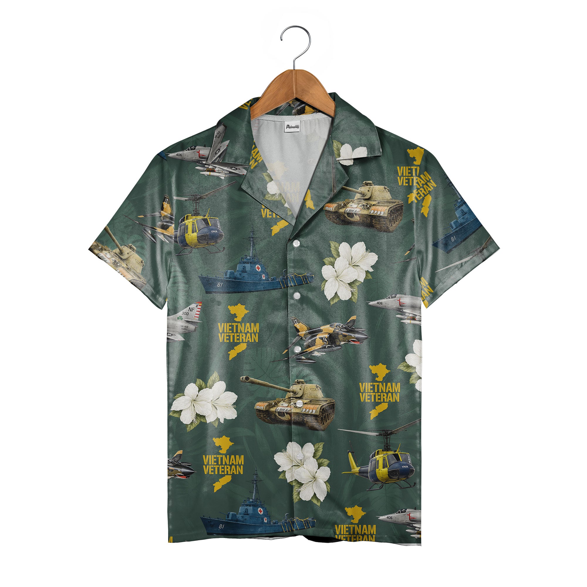 Vietnam Veteran Hawaiian Shirt - Military Jets Tanks Ships & Tropical Hibiscus