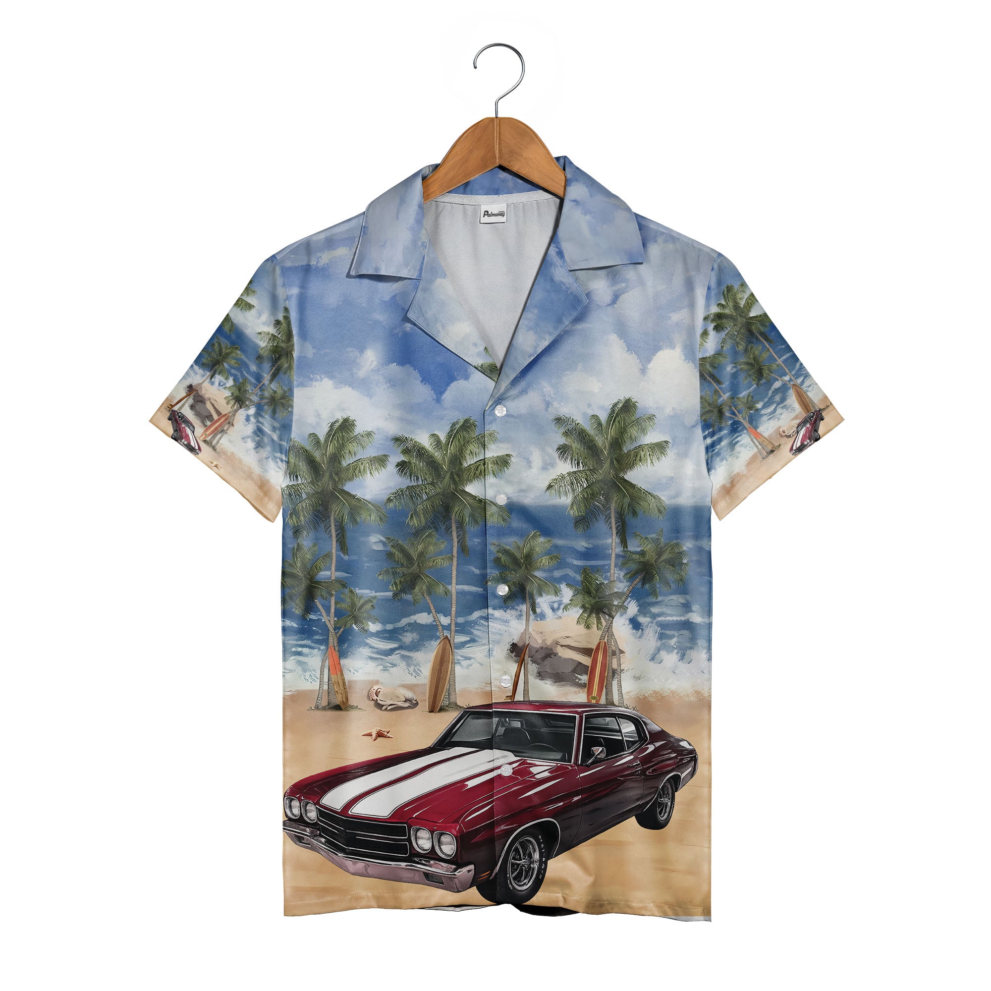 Vintage Classic Car Surf Beach Scene Tropical Aloha Button Down Shirt Hawaiian Shirt