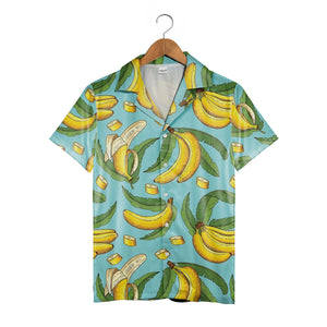 Vintage Etching Banana Hawaiian Shirt with Slices on Light Teal