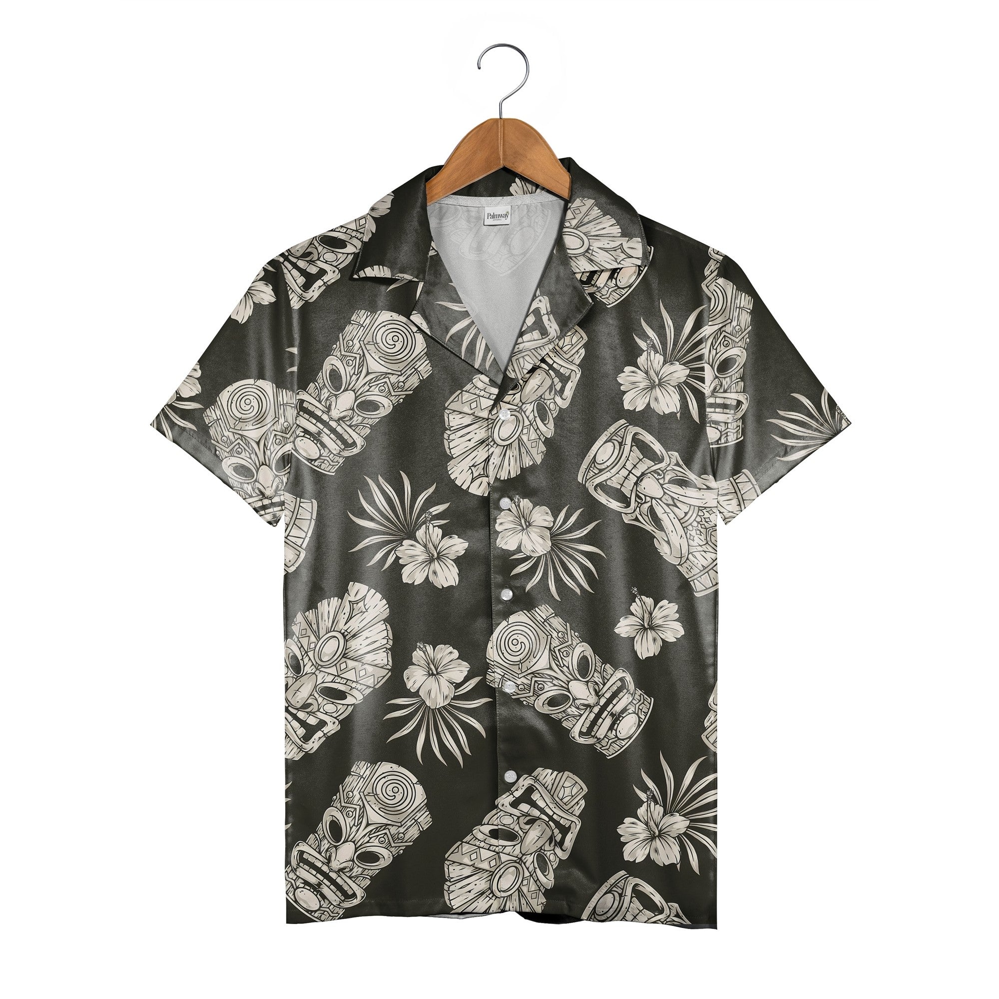 Vintage Greyscale Tiki Hawaiian Shirt with Hibiscus on Charcoal