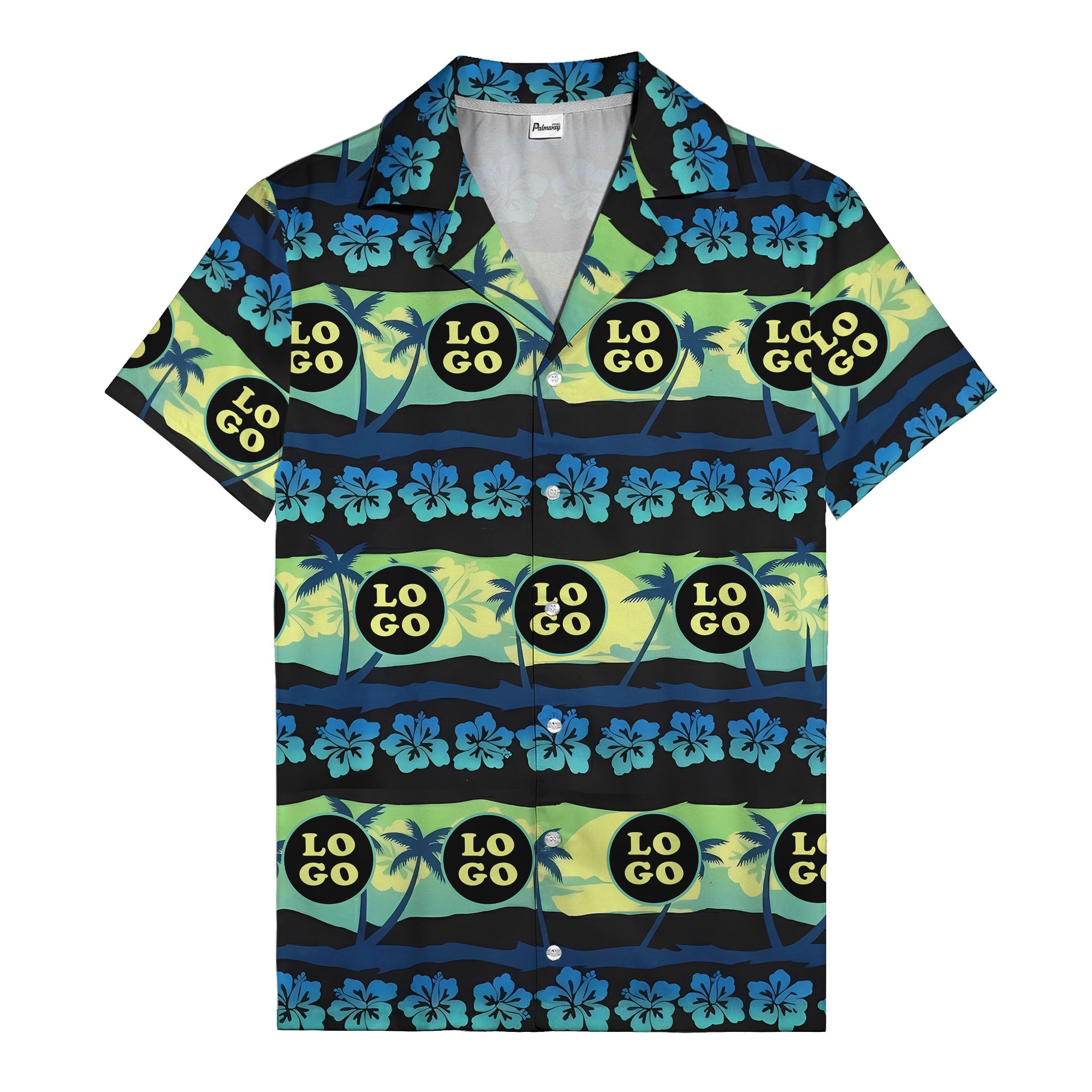 vintage palm trees hibiscus logo repeat navy blue hawaiian shirt