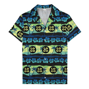 vintage palm trees hibiscus logo repeat navy blue hawaiian shirt