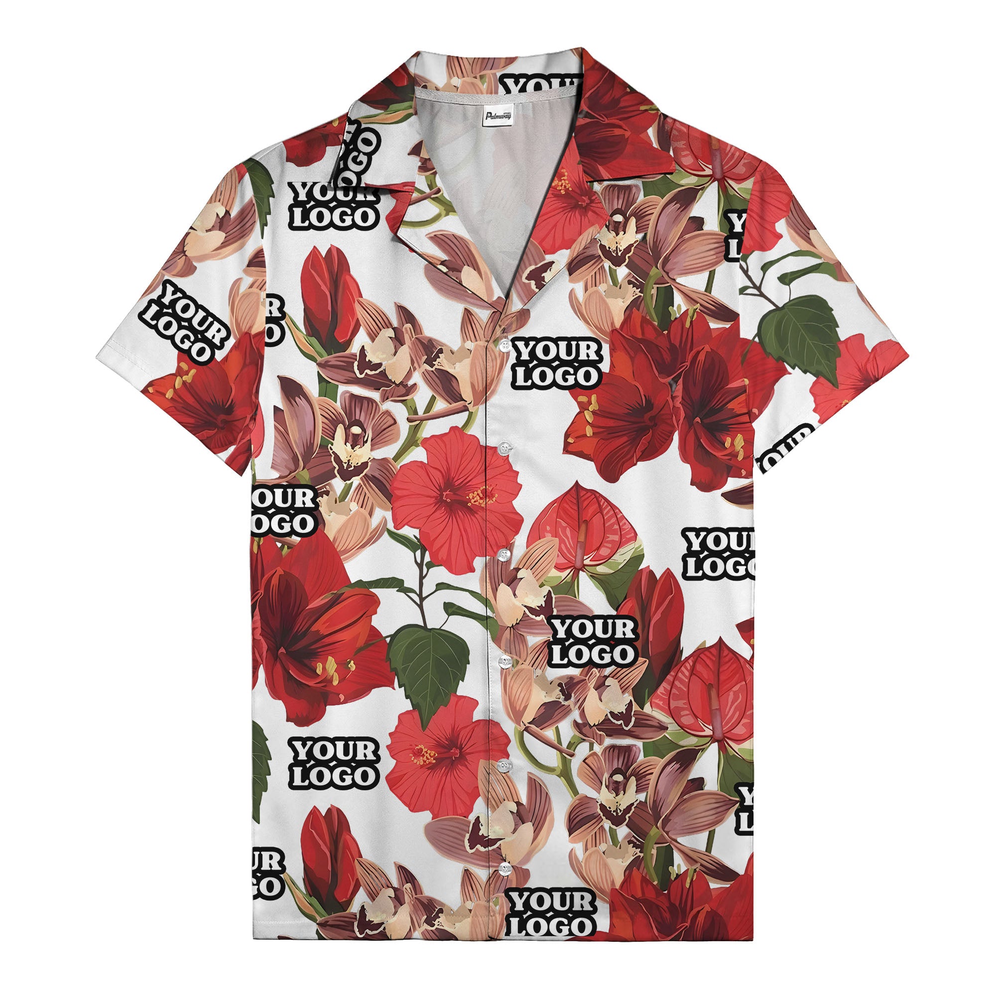 watercolor coral red hibiscus orchid hawaiian shirt with custom text
