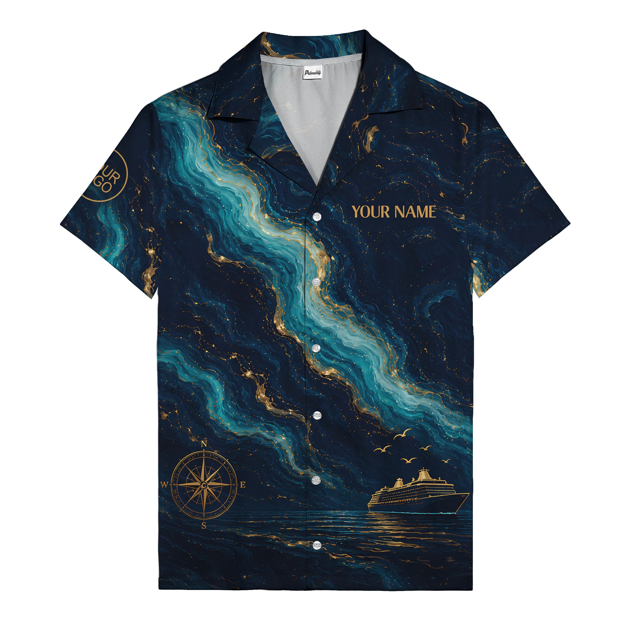 watercolor cruise ship & compass rose ocean waves nautical hawaiian shirt