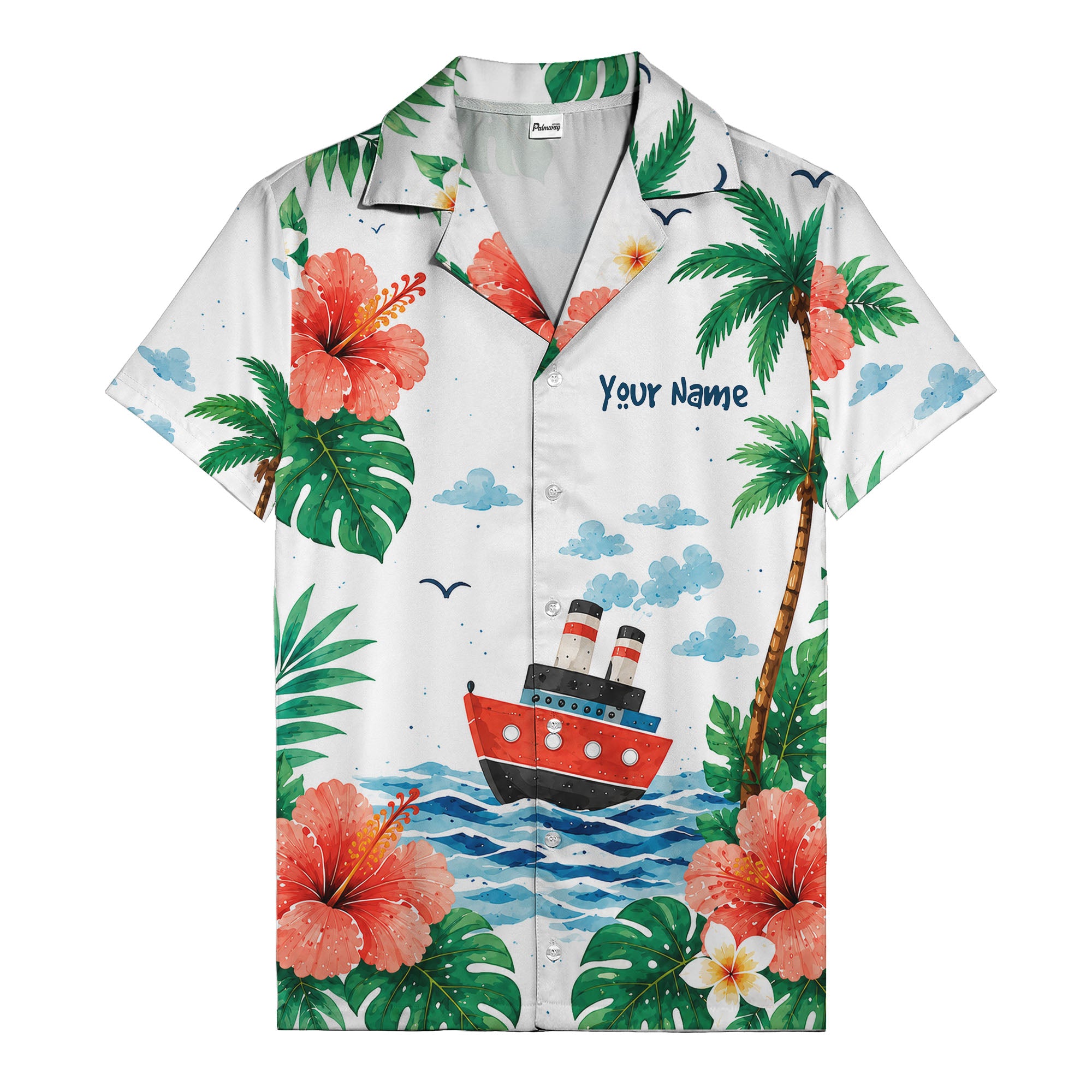 watercolor cruise ship hibiscus palm ocean wave hawaiian shirt