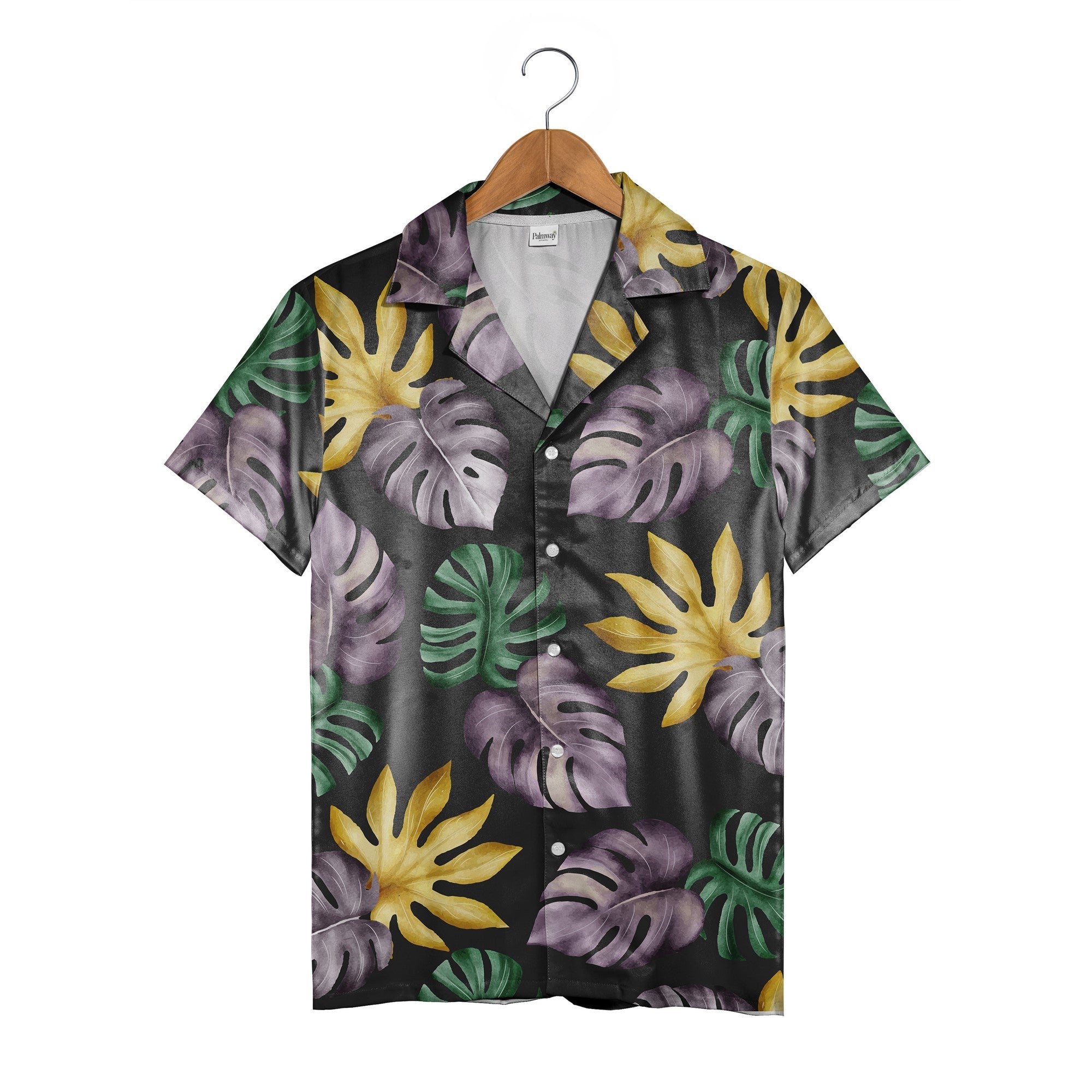 Watercolor Emerald Monstera Hawaiian Shirt on Charcoal Black Canvas