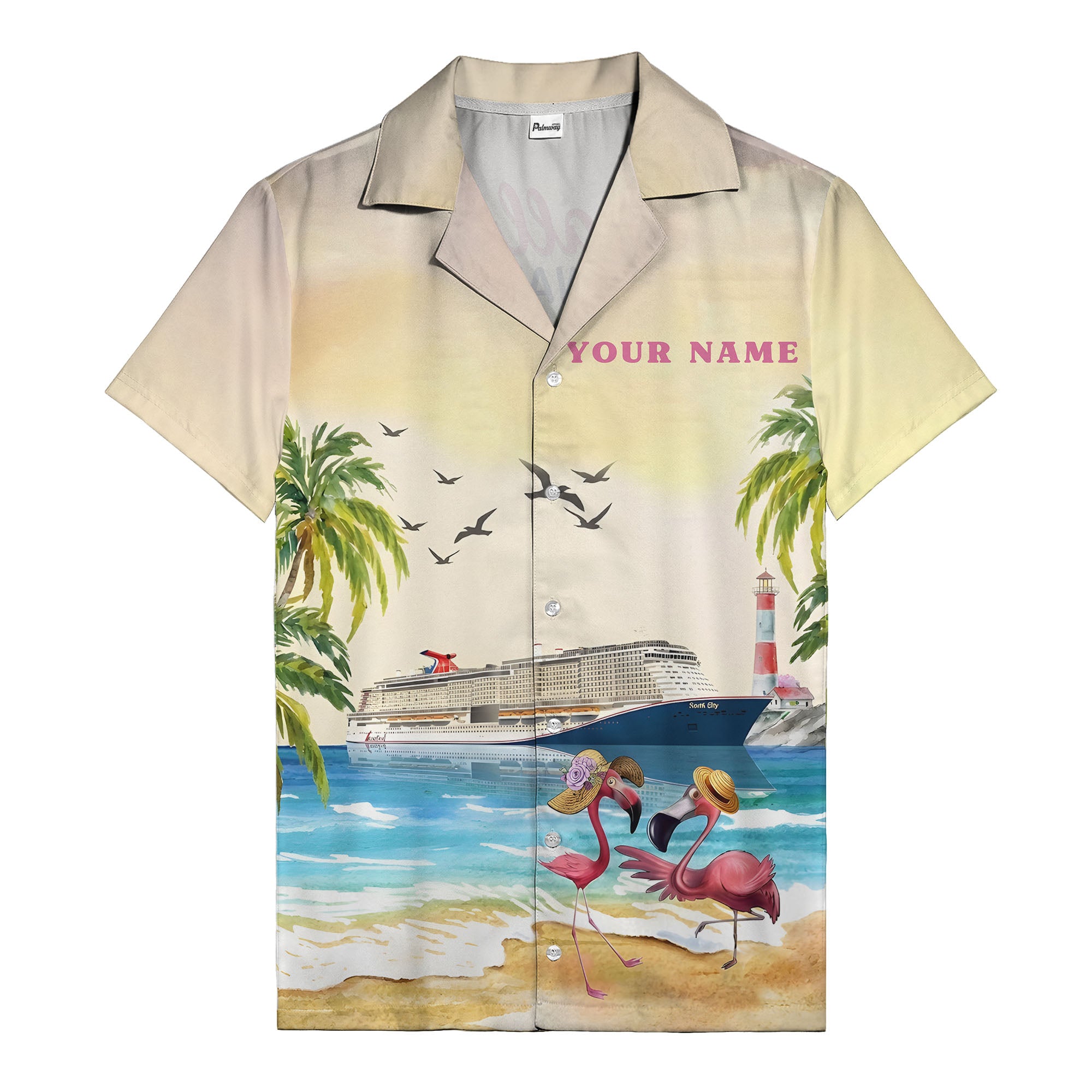 watercolor flamingo cruise ship lighthouse beach scene hawaiian shirt