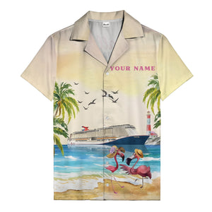 watercolor flamingo cruise ship lighthouse beach scene hawaiian shirt