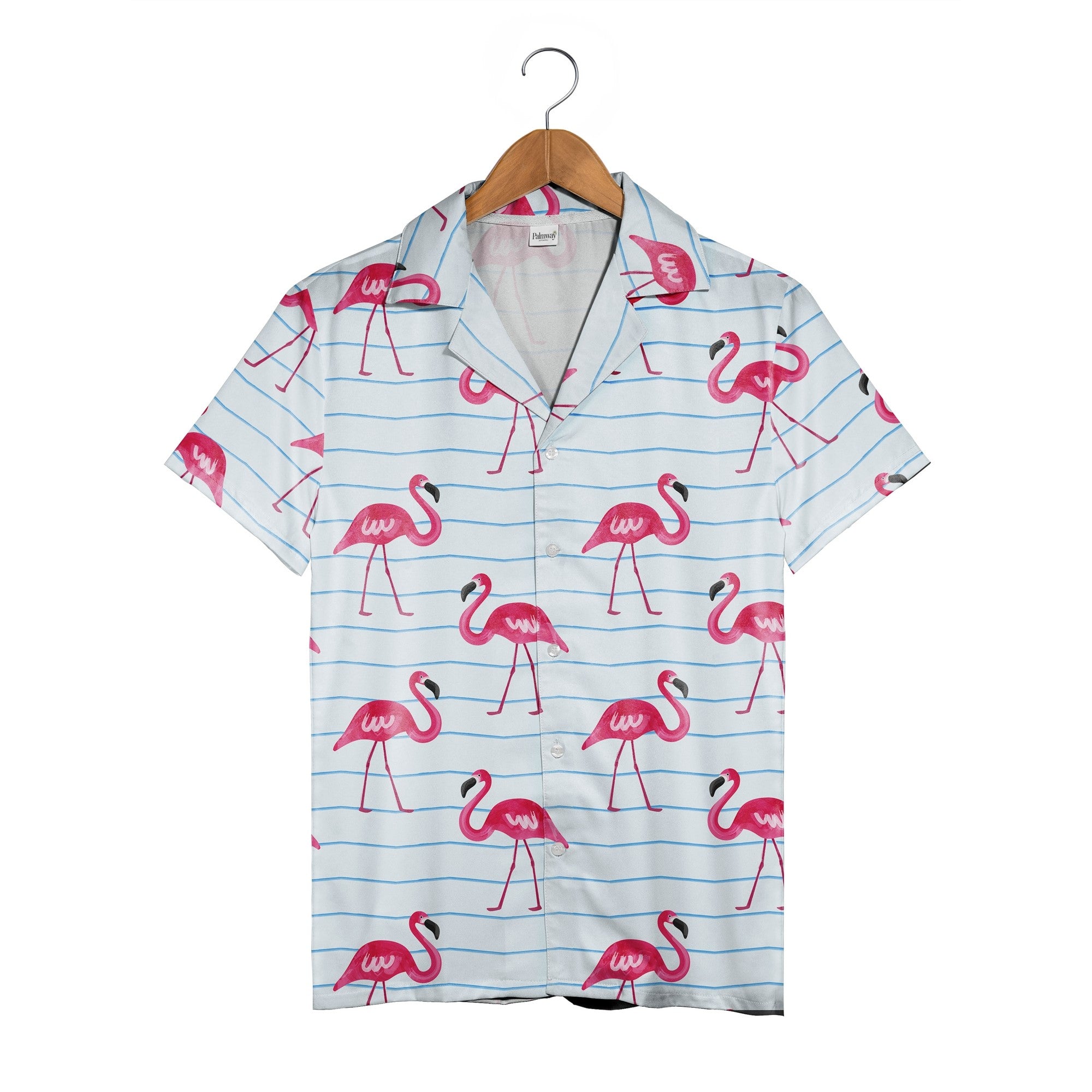 Watercolor Flamingo Hawaiian Shirt on Pale Blue Chevron Stripes