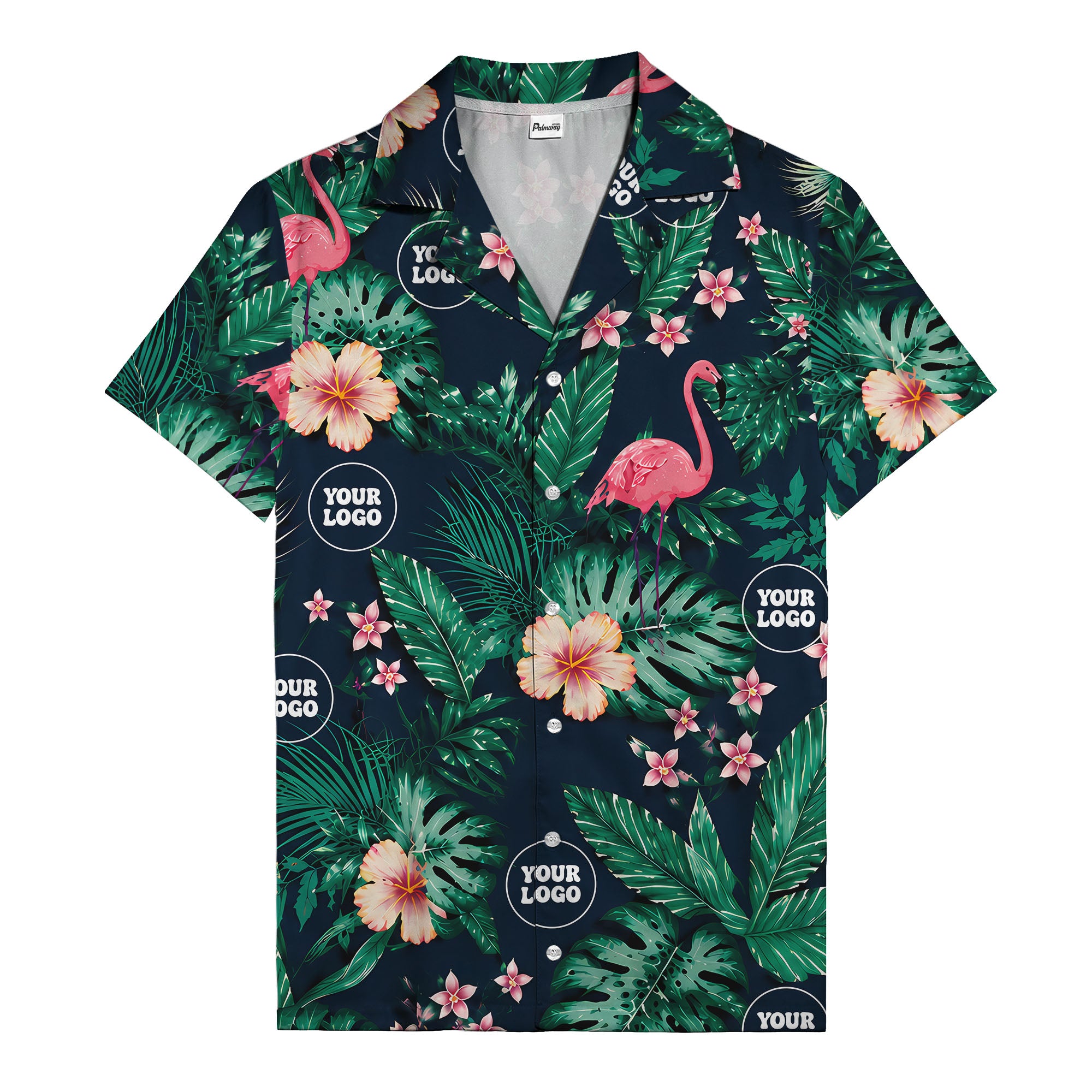 watercolor flamingos among palm leaves & hibiscus navy hawaiian shirt
