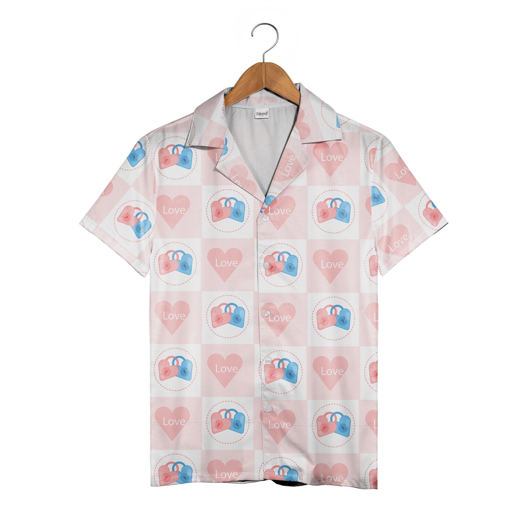 Watercolor Hearts Hawaiian Shirt in Blush Pink Rose and Fuchsia Tones