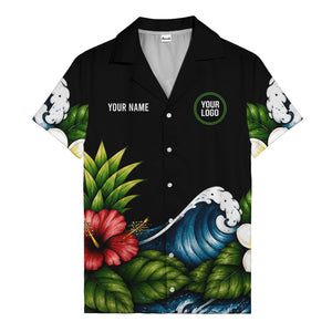 watercolor ocean waves hibiscus blooms palm leaf hawaiian shirt for men
