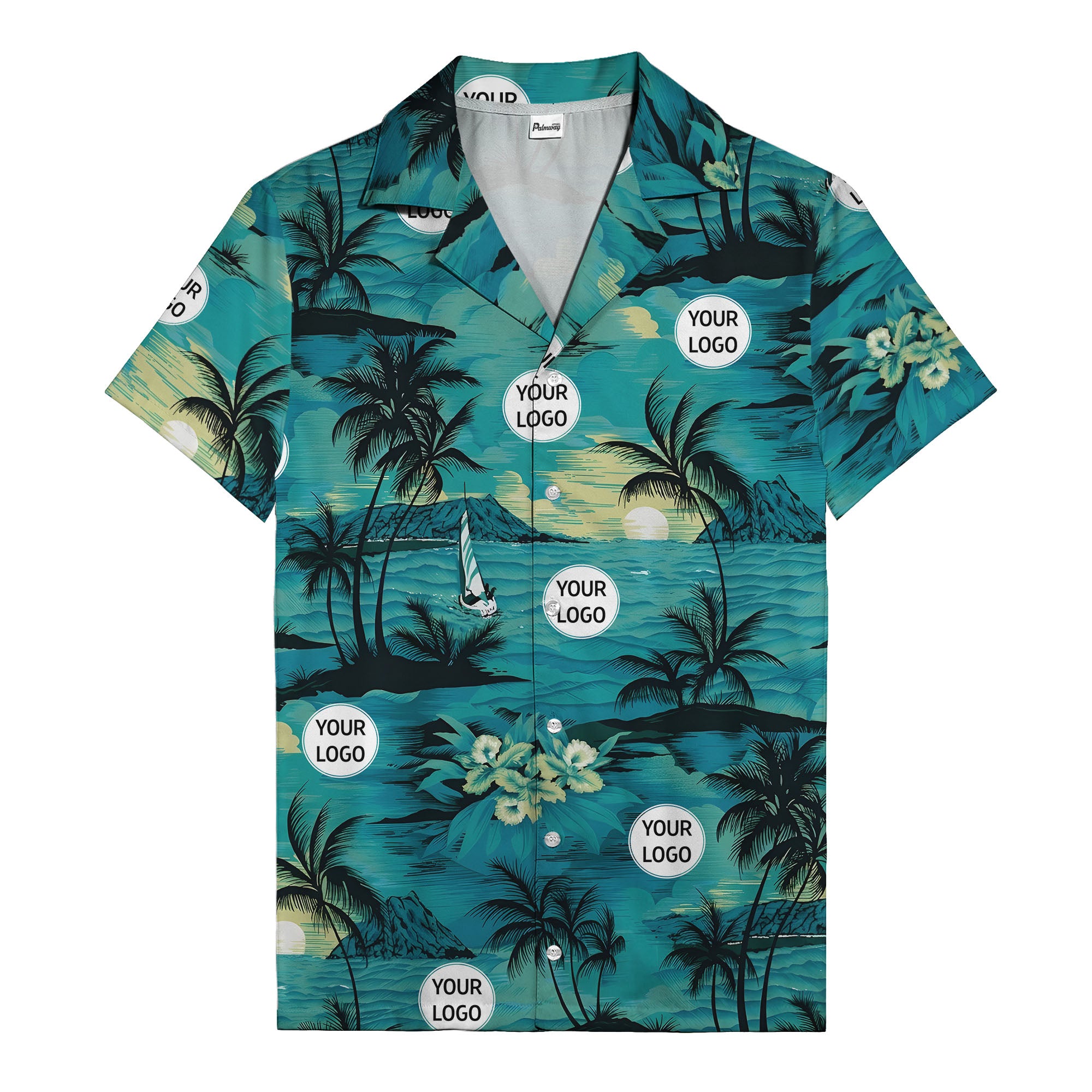 watercolor palm tree sunset sailboat hawaiian shirt