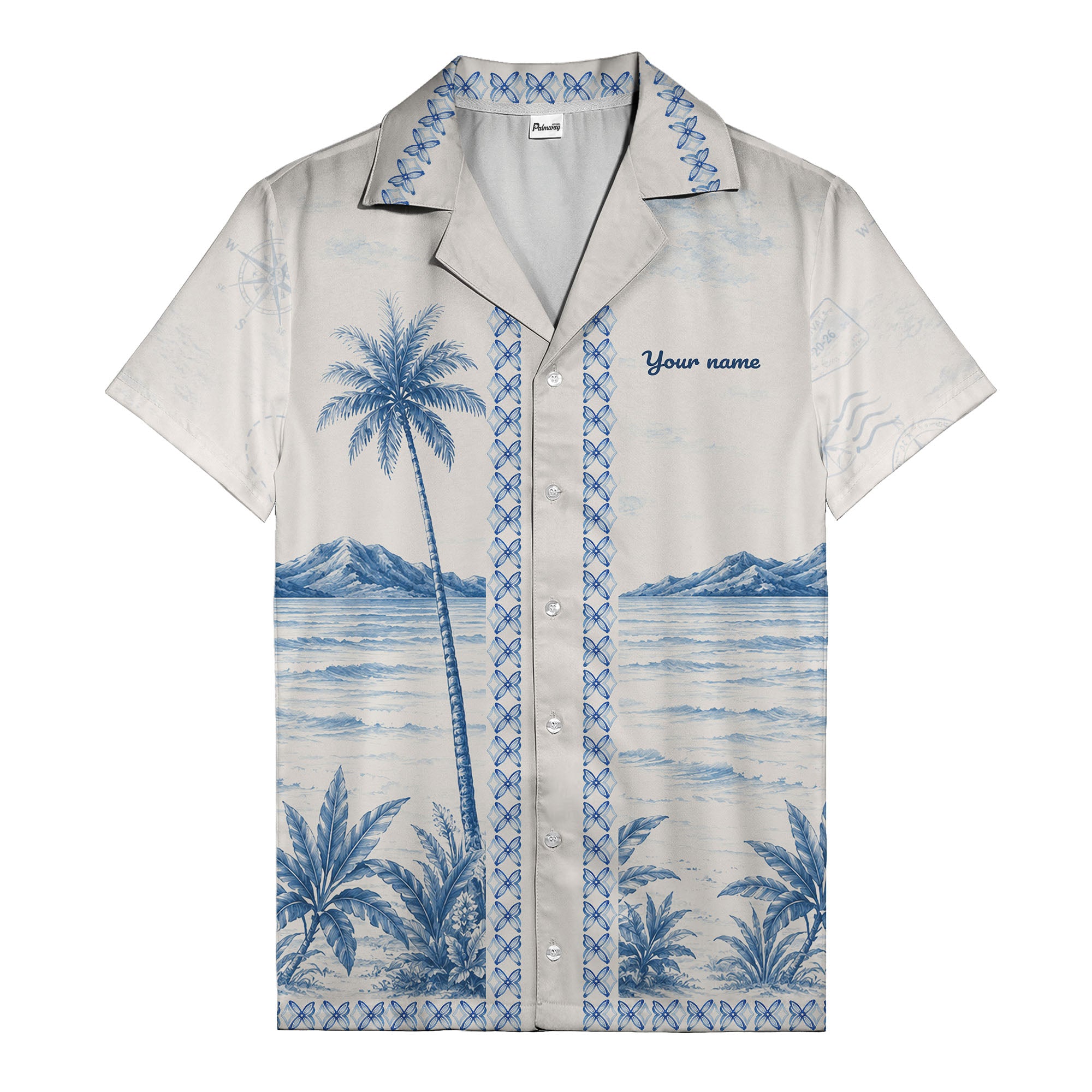 watercolor palm trees mountain waves navy blue hawaiian shirt