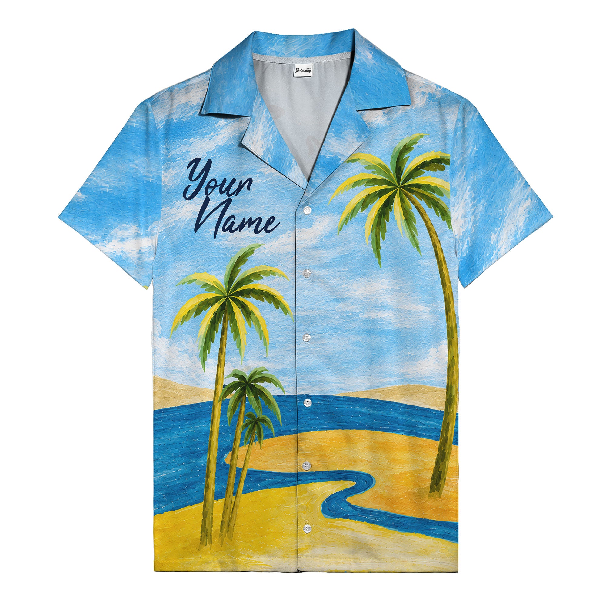 watercolor palm trees sandy beach ocean waves hawaiian shirt