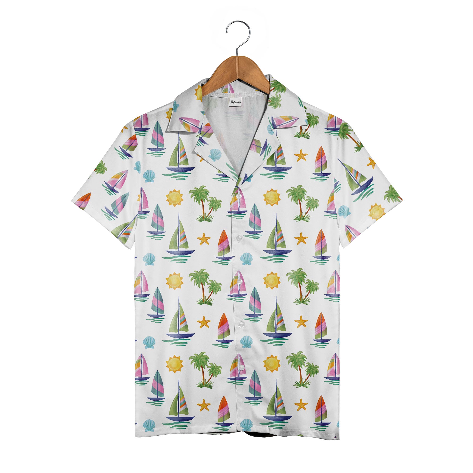 Watercolor Sailboat & Palm Tree Hawaiian Shirt – Tropical Beach Style
