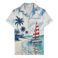 watercolor sailboats & palm trees beach scene navy hawaiian shirt for men