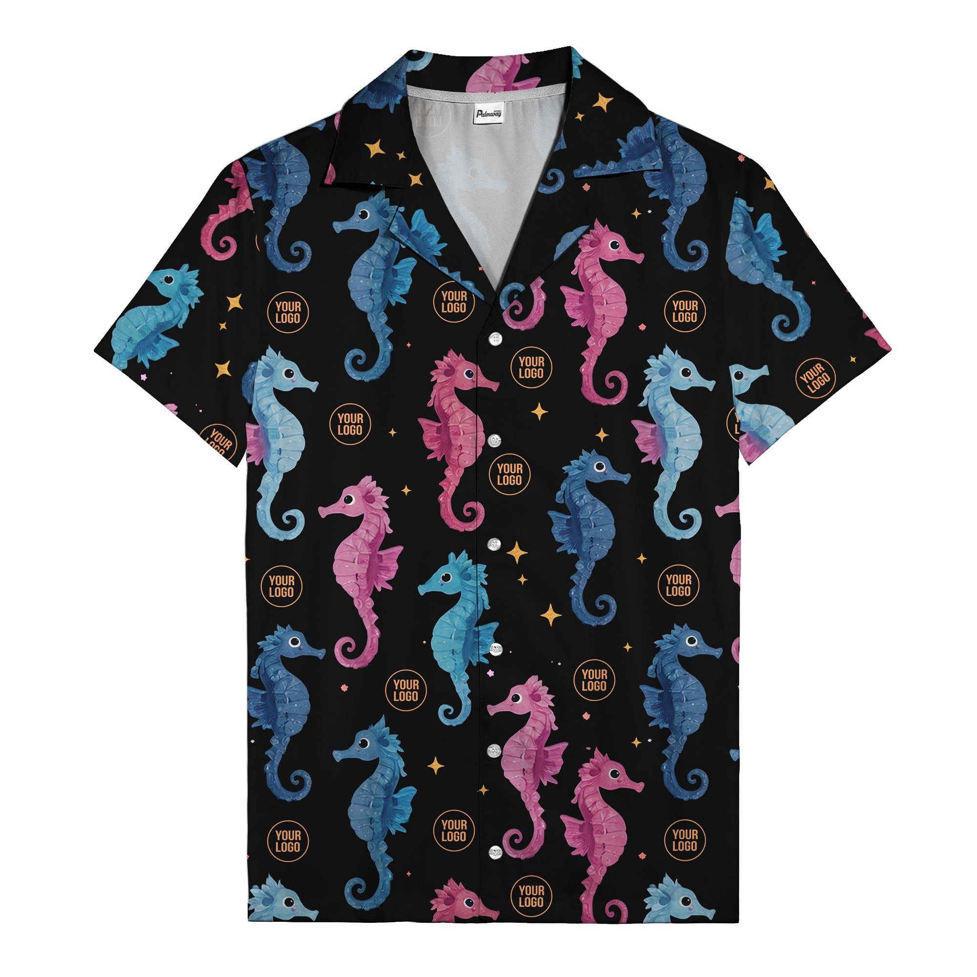 watercolor seahorse repeat coral blue pink oceanic hawaiian shirt