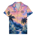 watercolor sunset palm trees coral reef navy hawaiian shirt