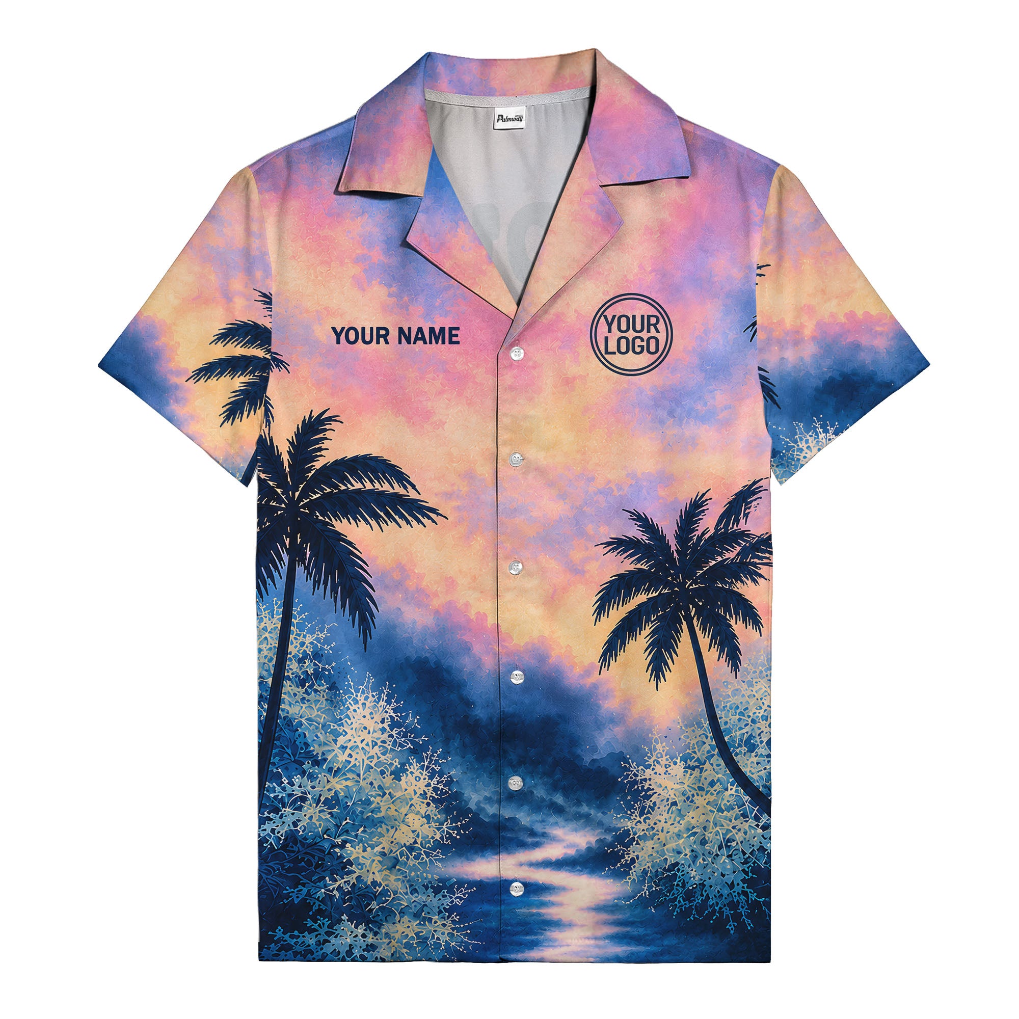 watercolor sunset palm trees coral reef navy hawaiian shirt
