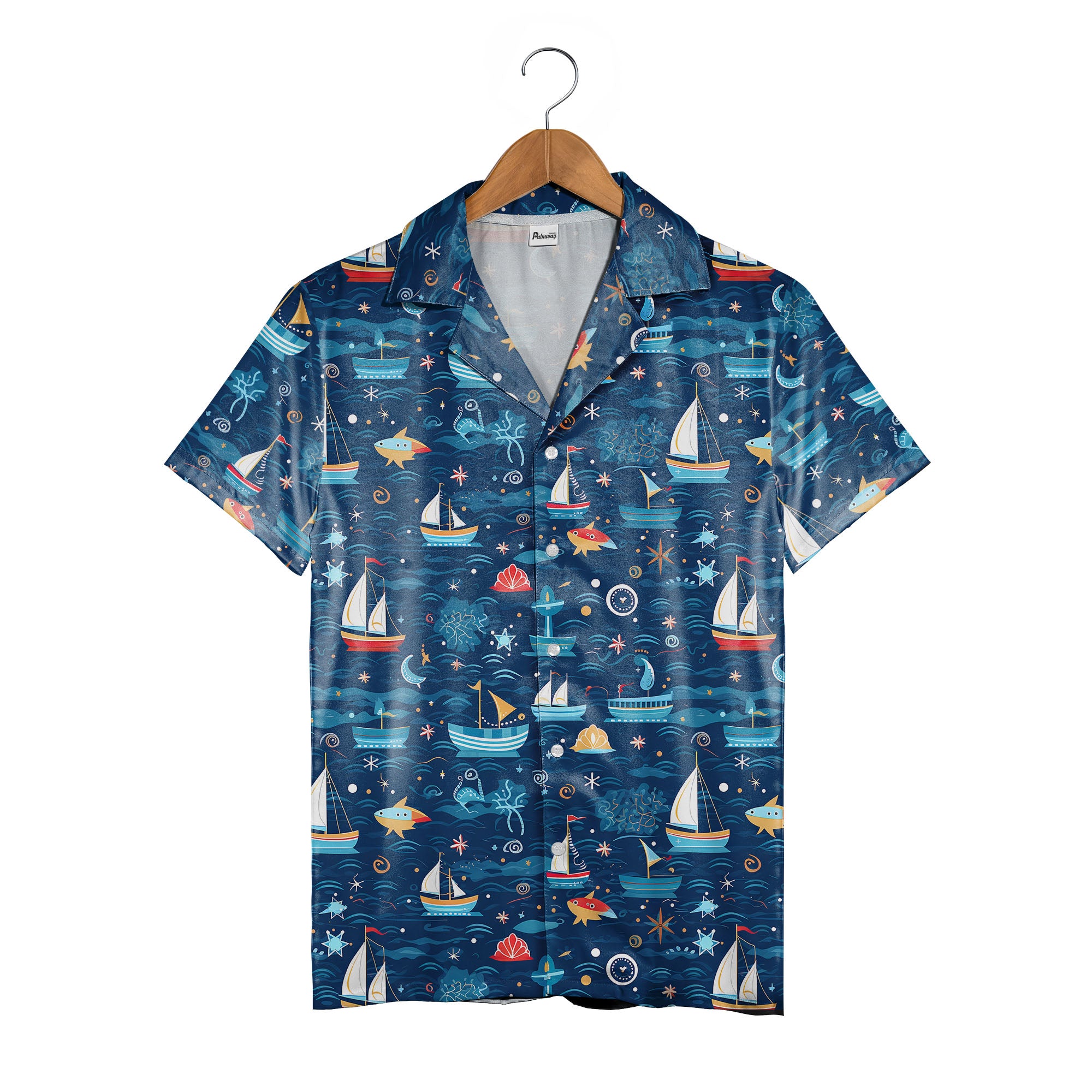 Whimsical Ocean Sailboat & Starfish Hawaiian Shirt – Anchor Compass Marine Print