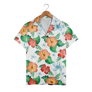 White Watercolor Hibiscus Hawaiian Shirt with Blue Plumeria and Tropical Leaves