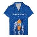 wooden speedboat racing navy blue ocean waves hawaiian shirt