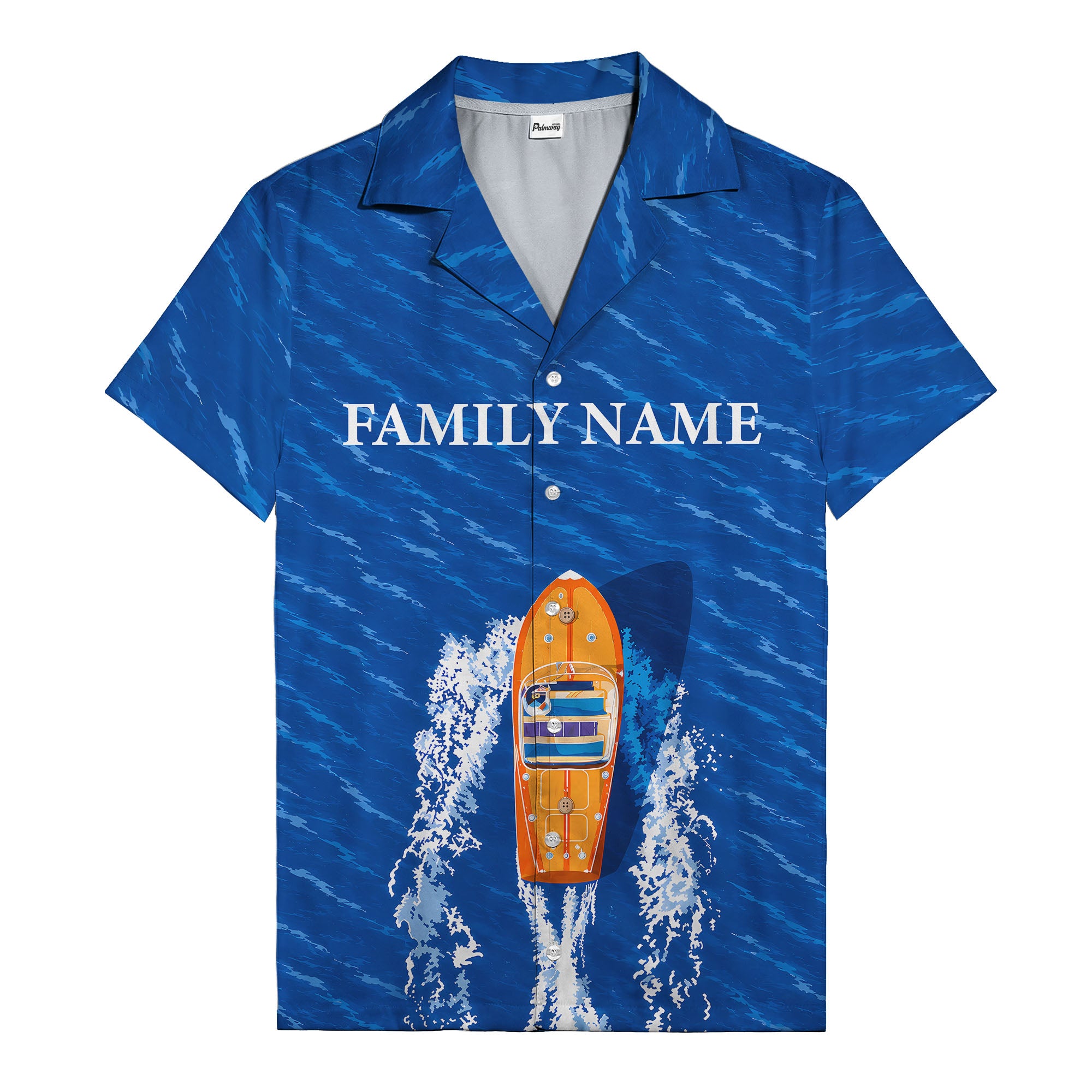 wooden speedboat racing navy blue ocean waves hawaiian shirt