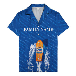 wooden speedboat racing navy blue ocean waves hawaiian shirt