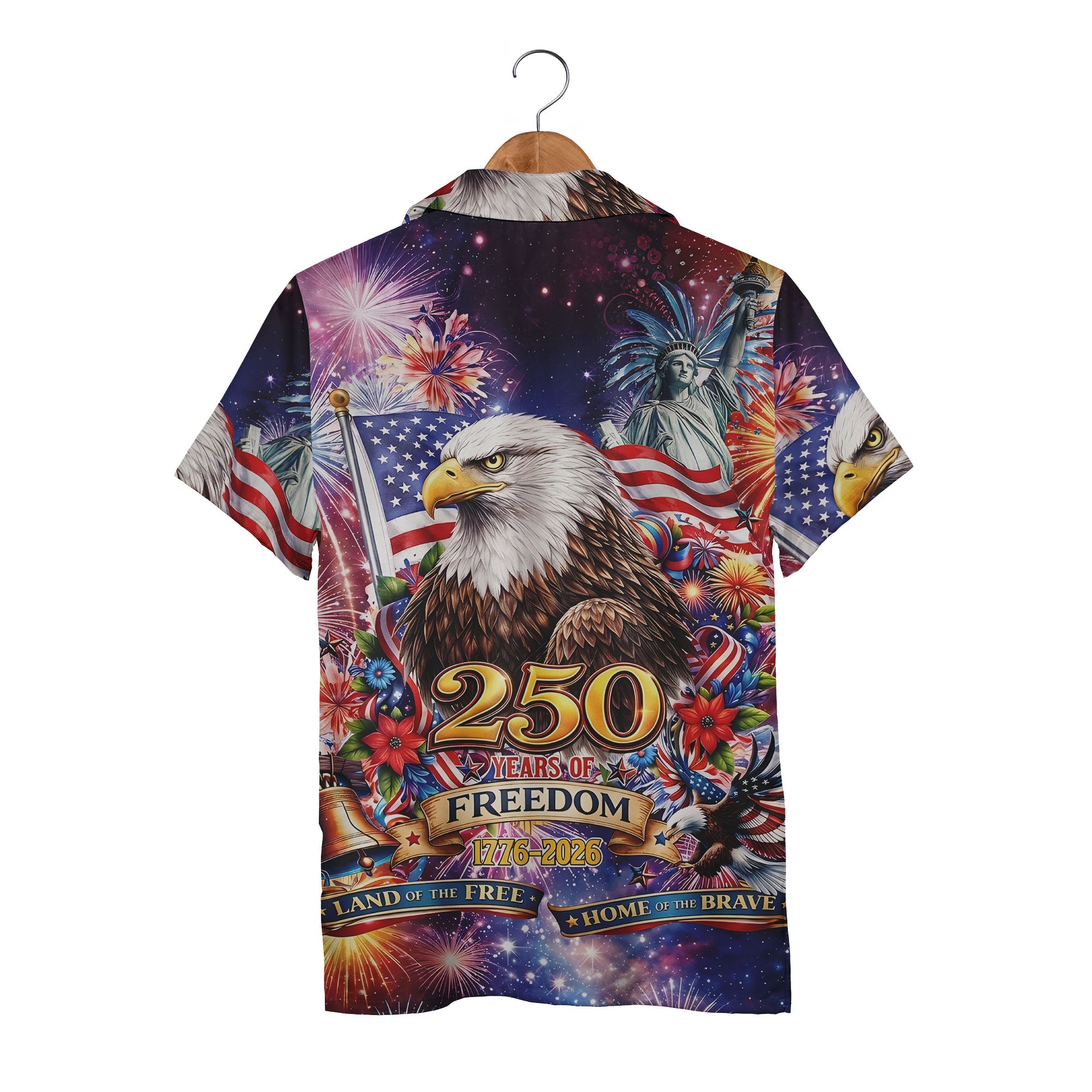 4th of July Celebration Hawaiian Shirt - Eagle Fireworks Liberty Bell & Floral Banner