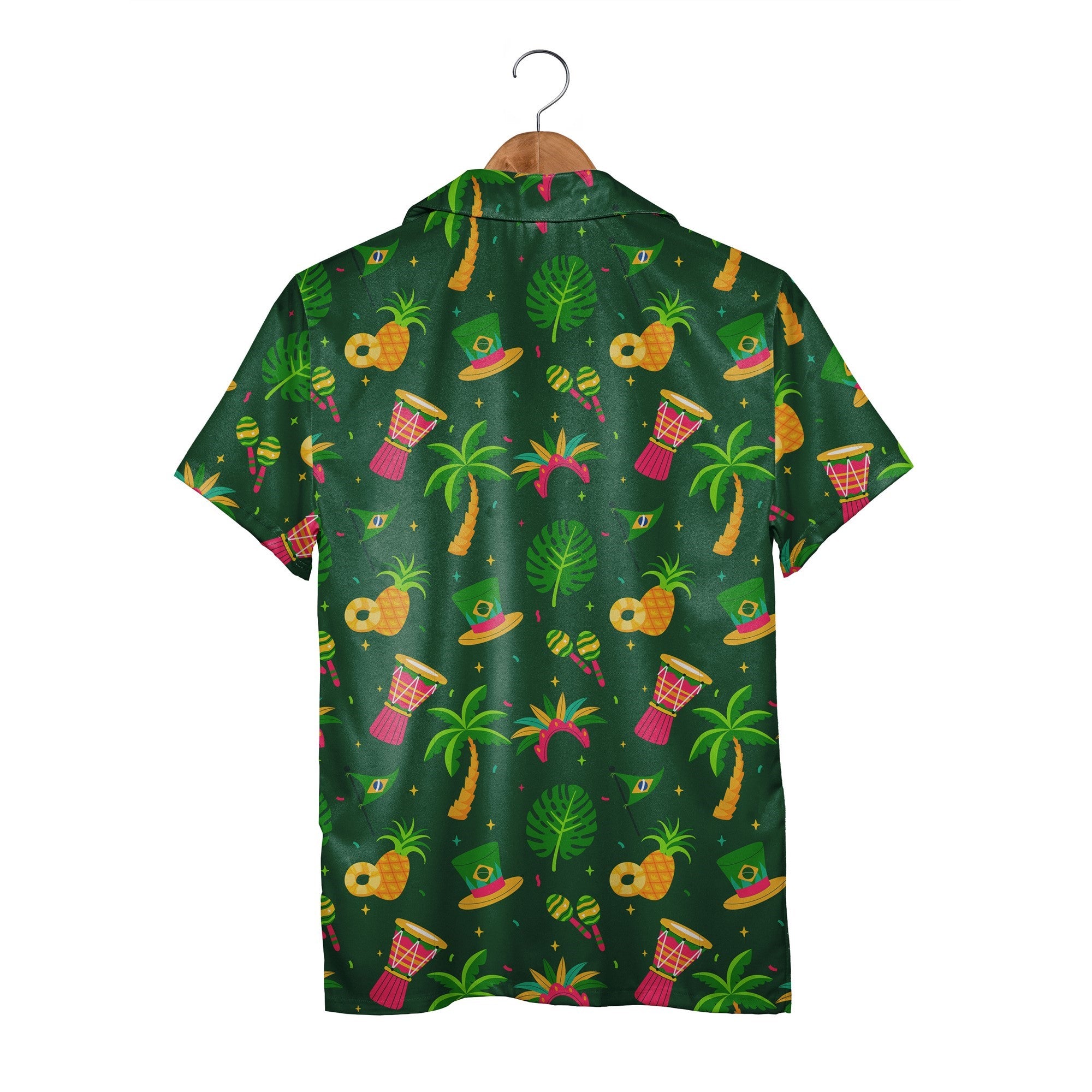 Brazilian Carnival Green Hawaiian Shirt with Drums and Headdresses