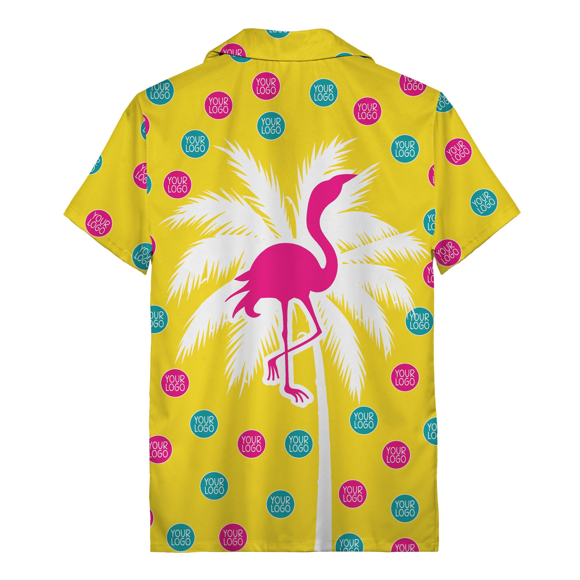 bright yellow flamingo on palm tree hawaiian shirt with custom logos