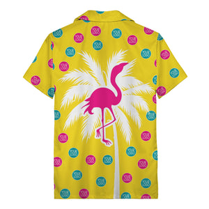 bright yellow flamingo on palm tree hawaiian shirt with custom logos
