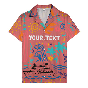 cartoon cruise ship palm trees surfboards wave hawaiian shirt