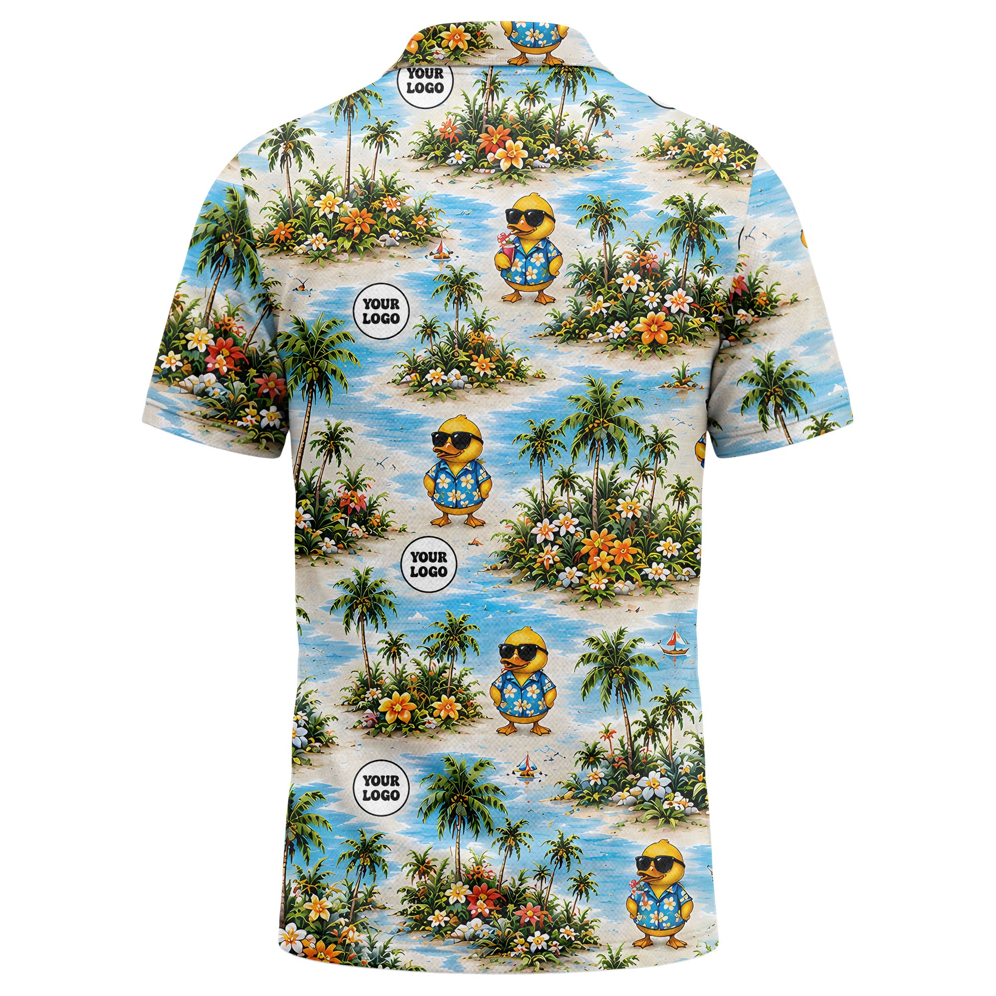 cartoon ducks & palm trees beach vacation polo shirt