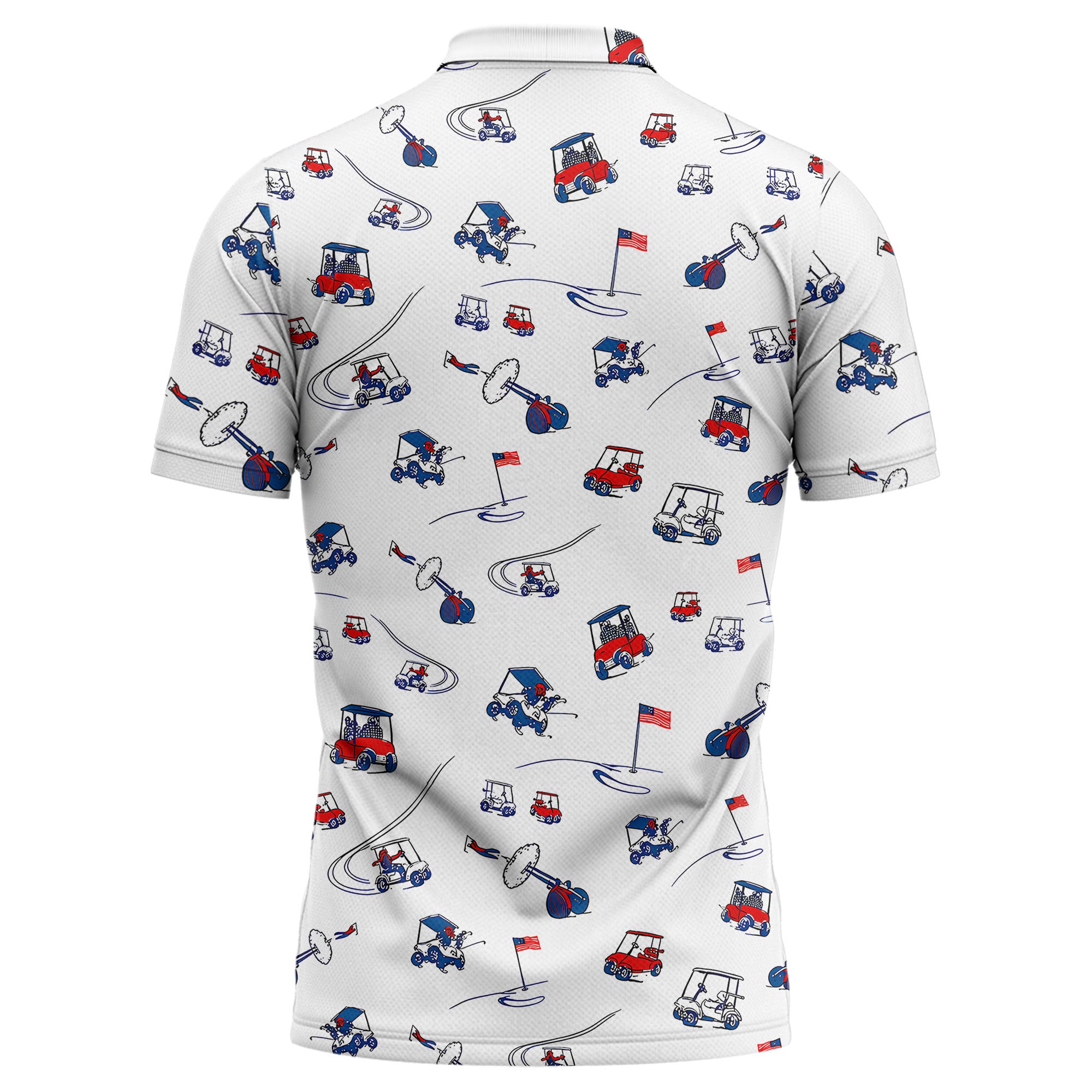 cartoon golf carts clubs flags repeating polo shirt for men
