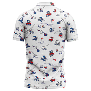 cartoon golf carts clubs flags repeating polo shirt for men