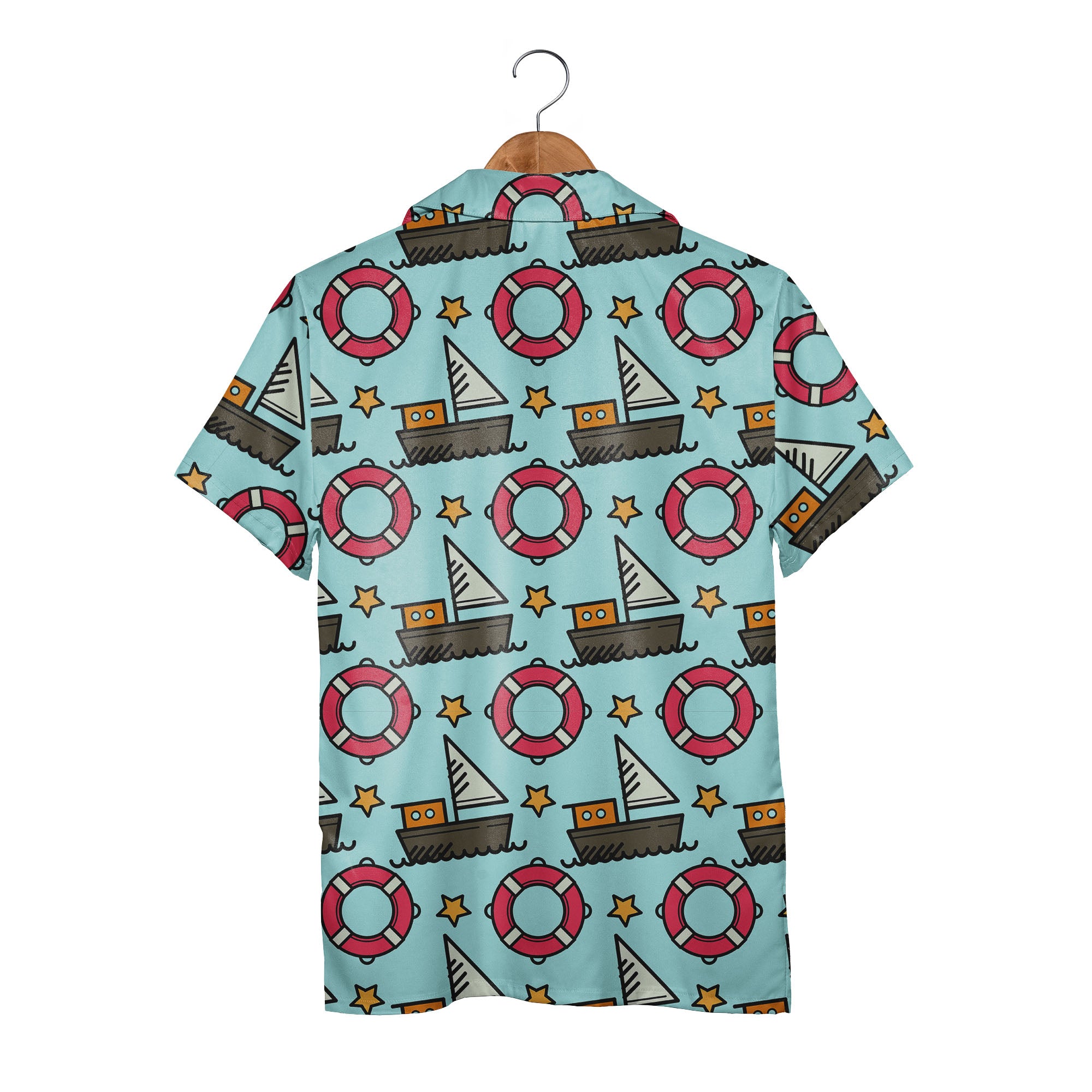 Cartoon Sailboat & Lifebuoy Hawaiian Shirt – Nautical Ocean Wave Pattern