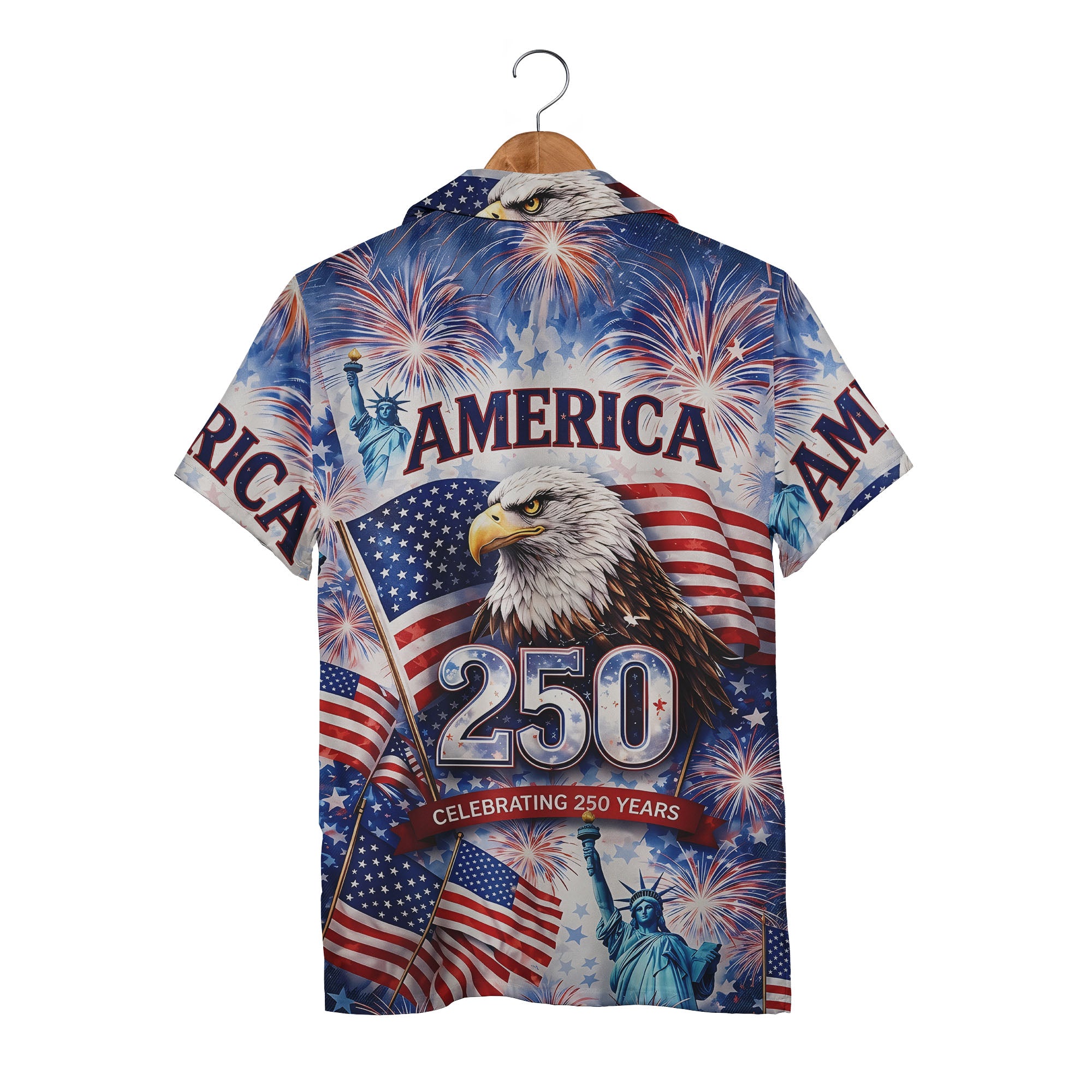 Celebrating 250 Years of America Hawaiian Shirt - Eagle Fireworks & Statue of Liberty