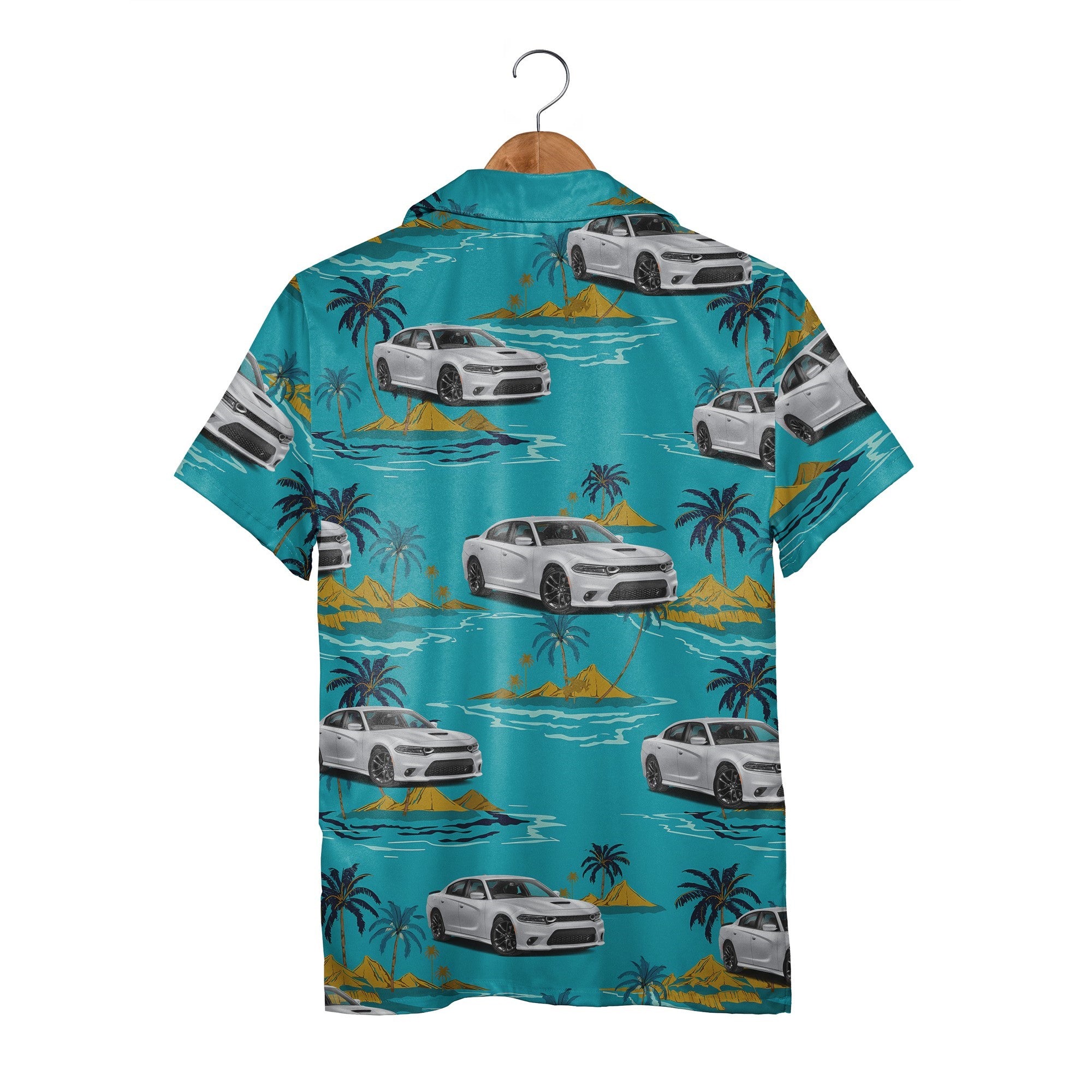 Classic Muscle Car Hawaiian Shirt with Palm Trees and Island Scene