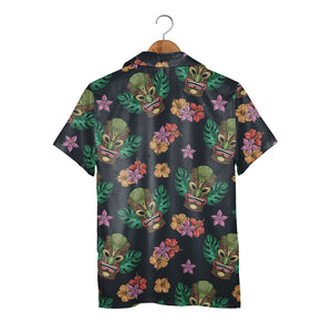 Colorful Tiki Mask Hawaiian Shirt with Hibiscus on Charcoal Grey